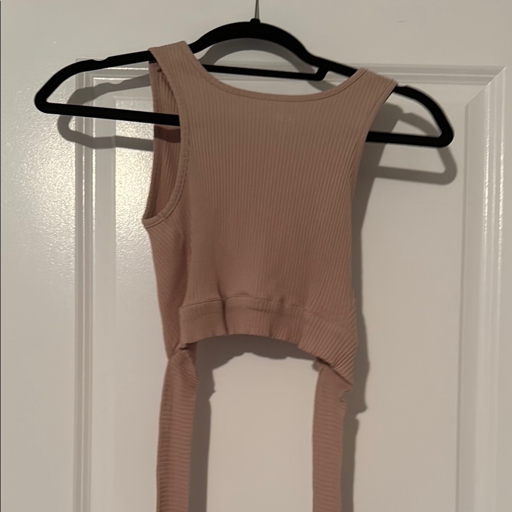Tan Sleeveless Crop Tank Top with Tie Front